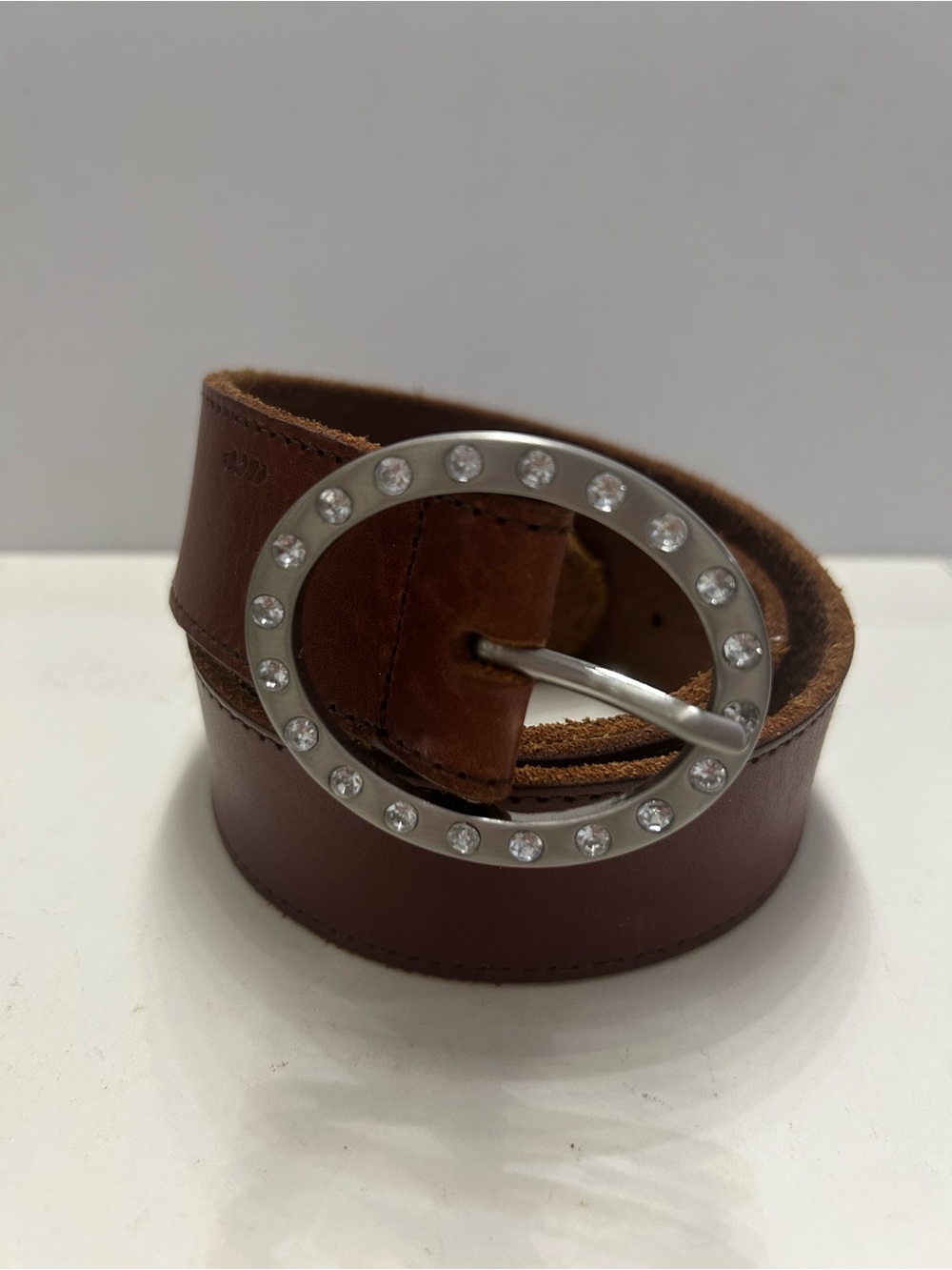 American Eagle Outfitters Brown Leather Belt Oval Rhinestone Metal Buckle M